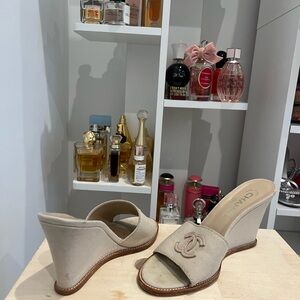 CHANEL Cream Wedge Mules